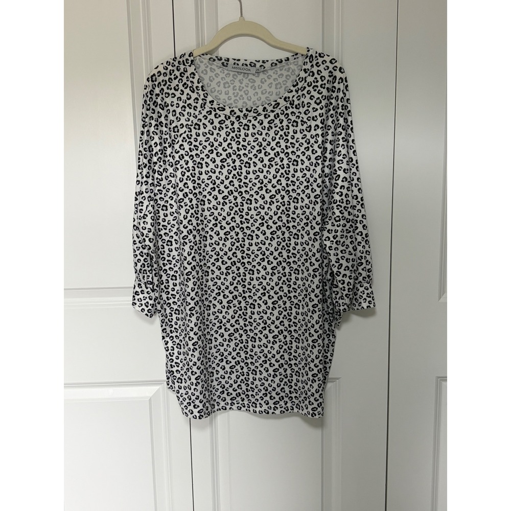 MISSLOOK Womens 2XL Leopard Print Tunic Top 3/4 Sleeve Black White Crew Neck